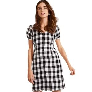 LOFT Linen Blend Gingham Button Front V-Neck Dress Sz 6 NWT